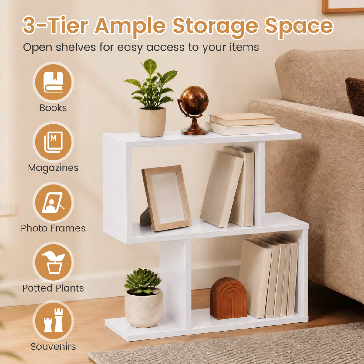 3-Tier Geometric Bookshelf Freestanding Display Shelf Side Table Set of 2-White view 5