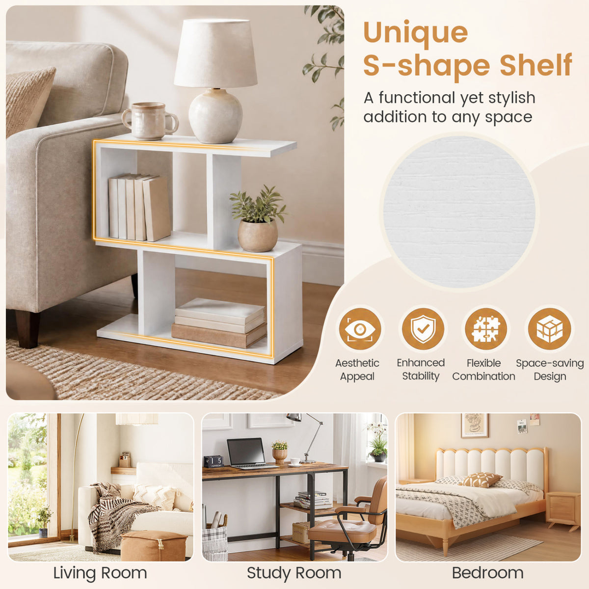 3-Tier Geometric Bookshelf Freestanding Display Shelf Side Table Set of 2-White view 7