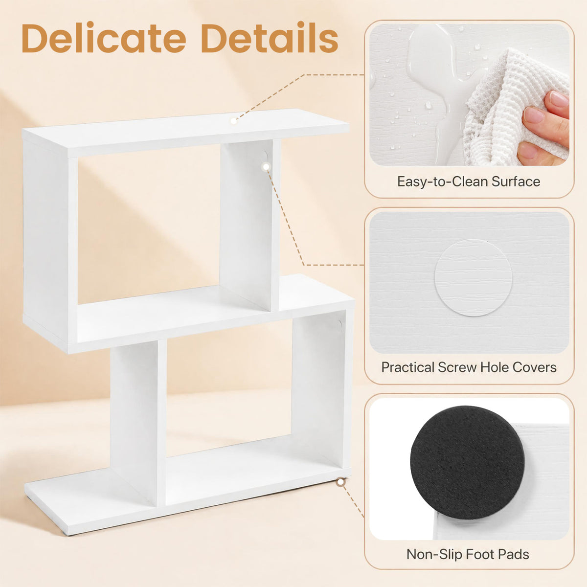 3-Tier Geometric Bookshelf Freestanding Display Shelf Side Table Set of 2-White view 8