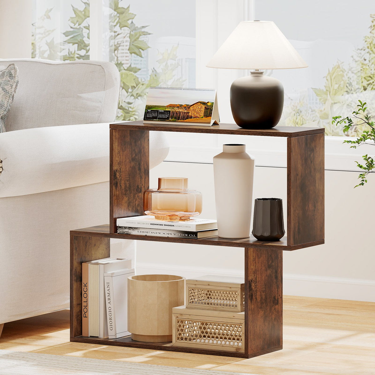 3-Tier Geometric Bookshelf Freestanding Wooden Bookcase with 2 Cubic Compartments-Brown view 2