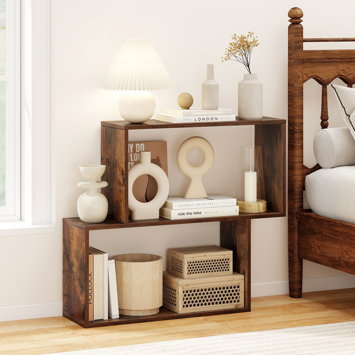 3-Tier Geometric Bookshelf Freestanding Wooden Bookcase with 2 Cubic Compartments-Brown view 3