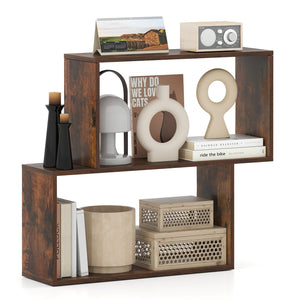 3-Tier Geometric Bookshelf Freestanding Wooden Bookcase with 2 Cubic Compartments-Brown view 4