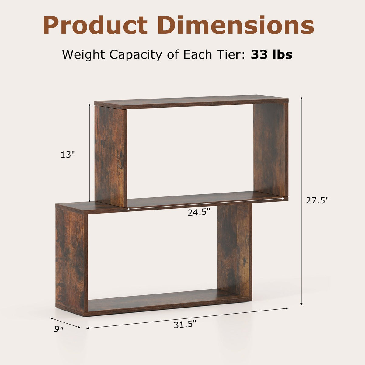 3-Tier Geometric Bookshelf Freestanding Wooden Bookcase with 2 Cubic Compartments-Brown view 5