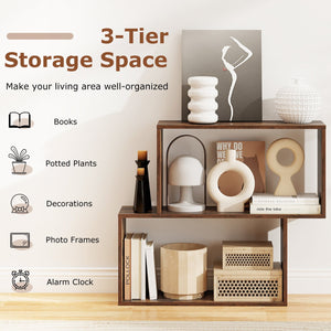 3-Tier Geometric Bookshelf Freestanding Wooden Bookcase with 2 Cubic Compartments-Brown view 6