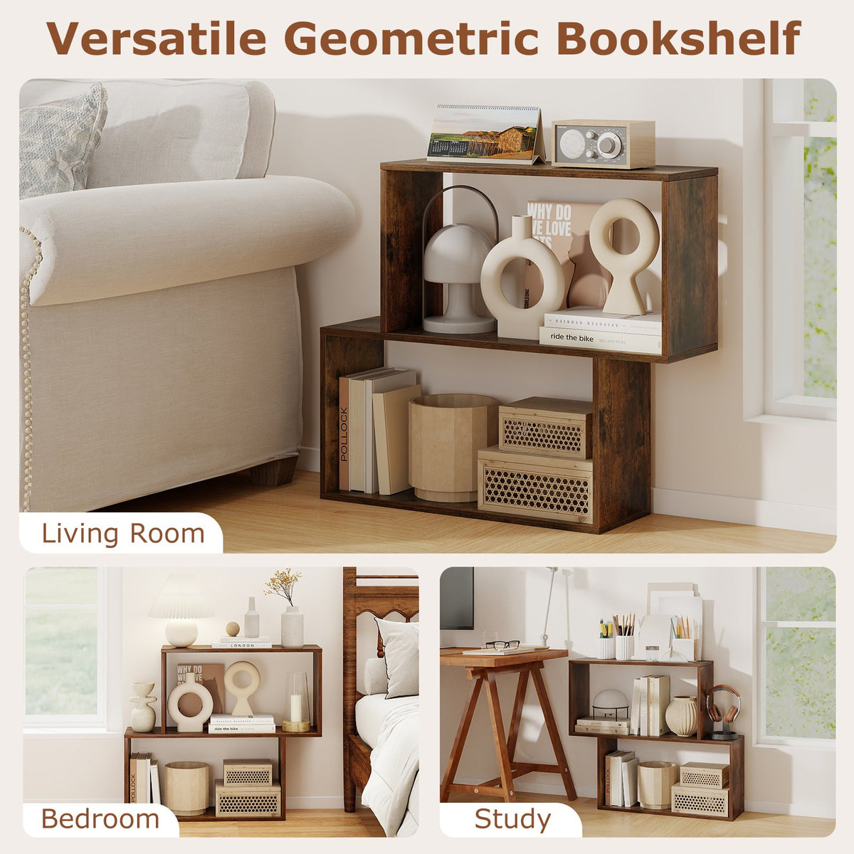 3-Tier Geometric Bookshelf Freestanding Wooden Bookcase with 2 Cubic Compartments-Brown view 8