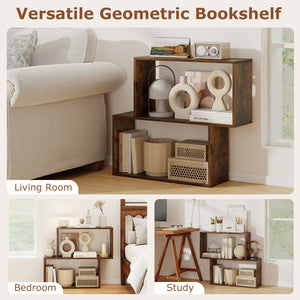 3-Tier Geometric Bookshelf Freestanding Wooden Bookcase with 2 Cubic Compartments-Brown view 8