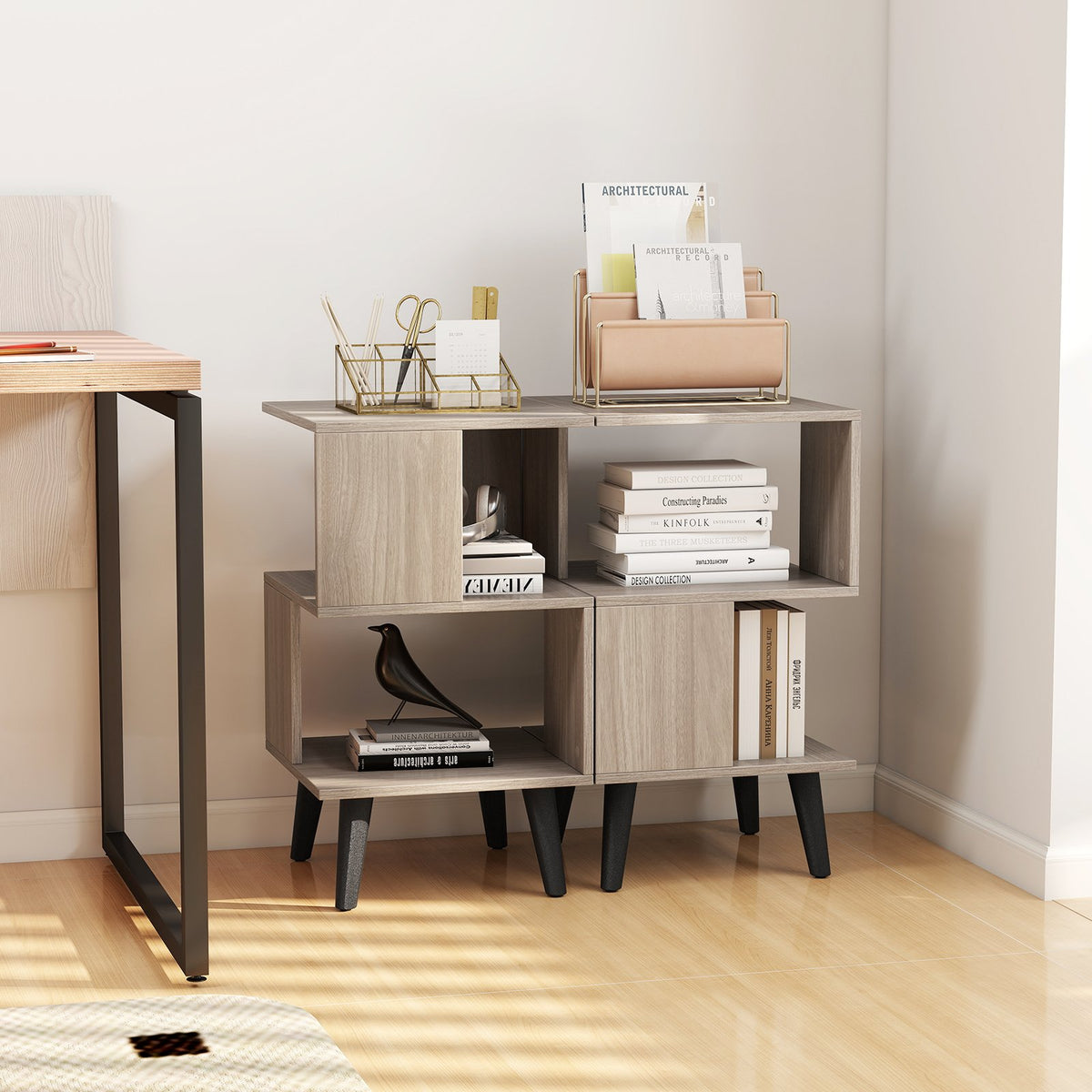 3-Tier Geometric Bookshelf Set of 2 with Open Storage Shelves view 2