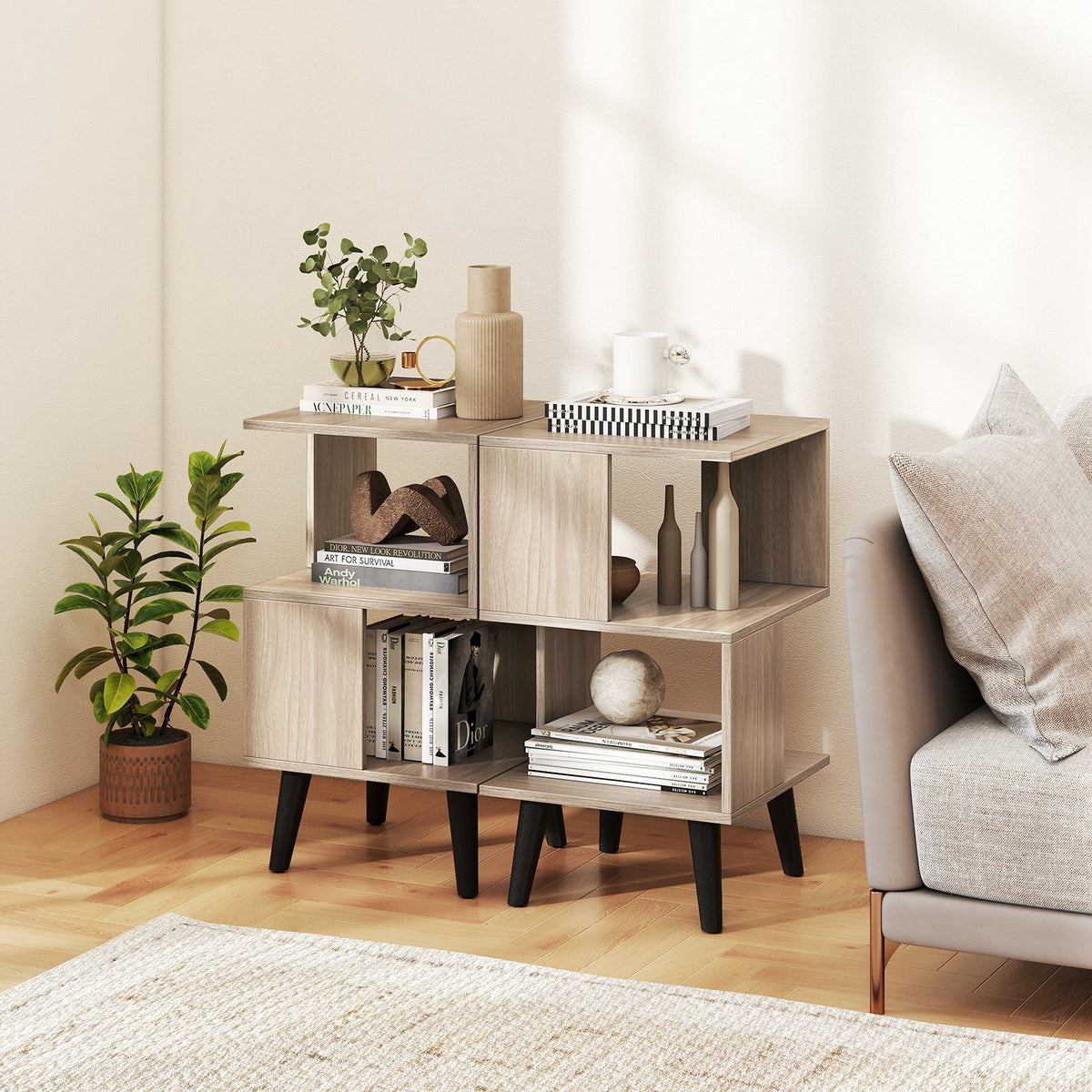 3-Tier Geometric Bookshelf Set of 2 with Open Storage Shelves view 3
