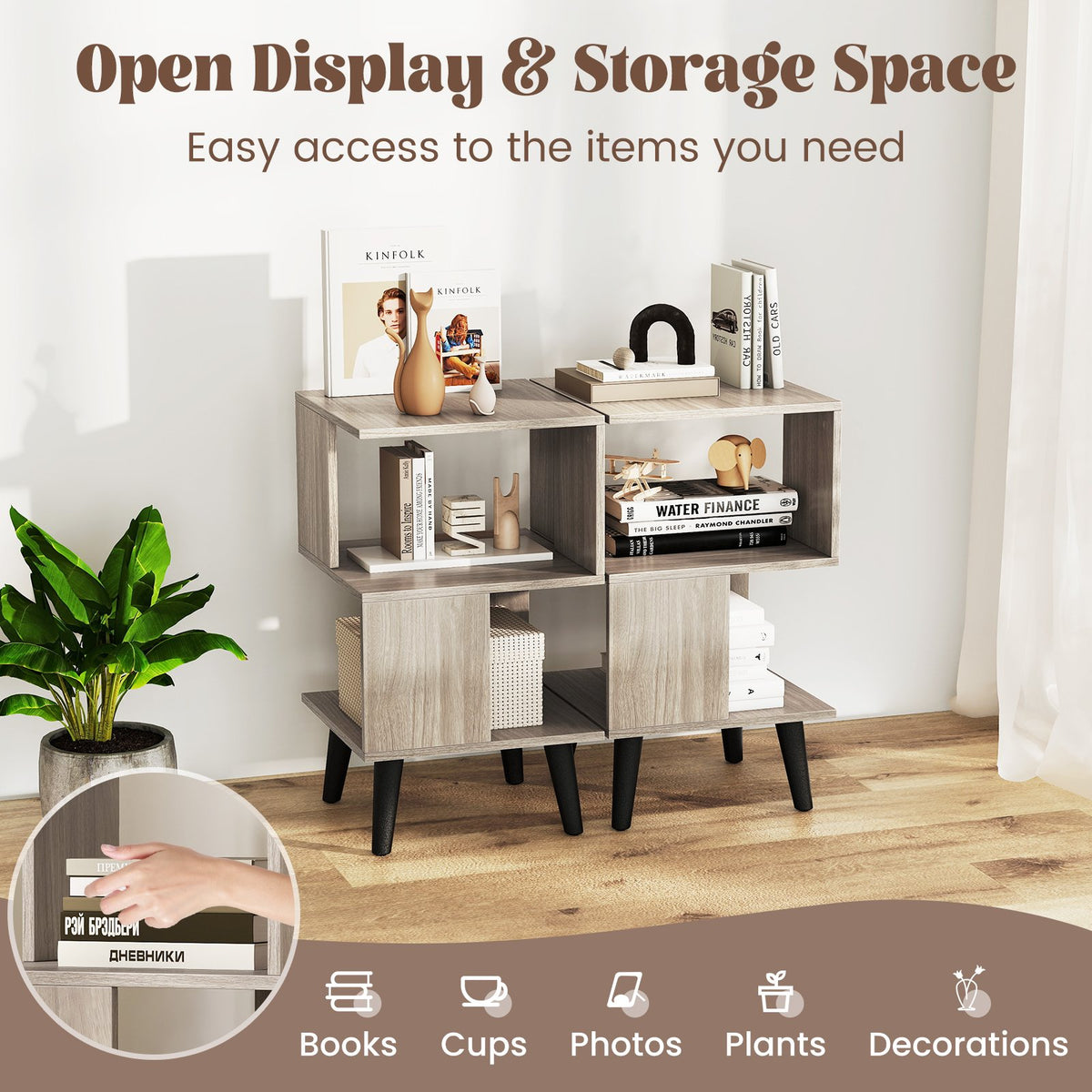 3-Tier Geometric Bookshelf Set of 2 with Open Storage Shelves view 6