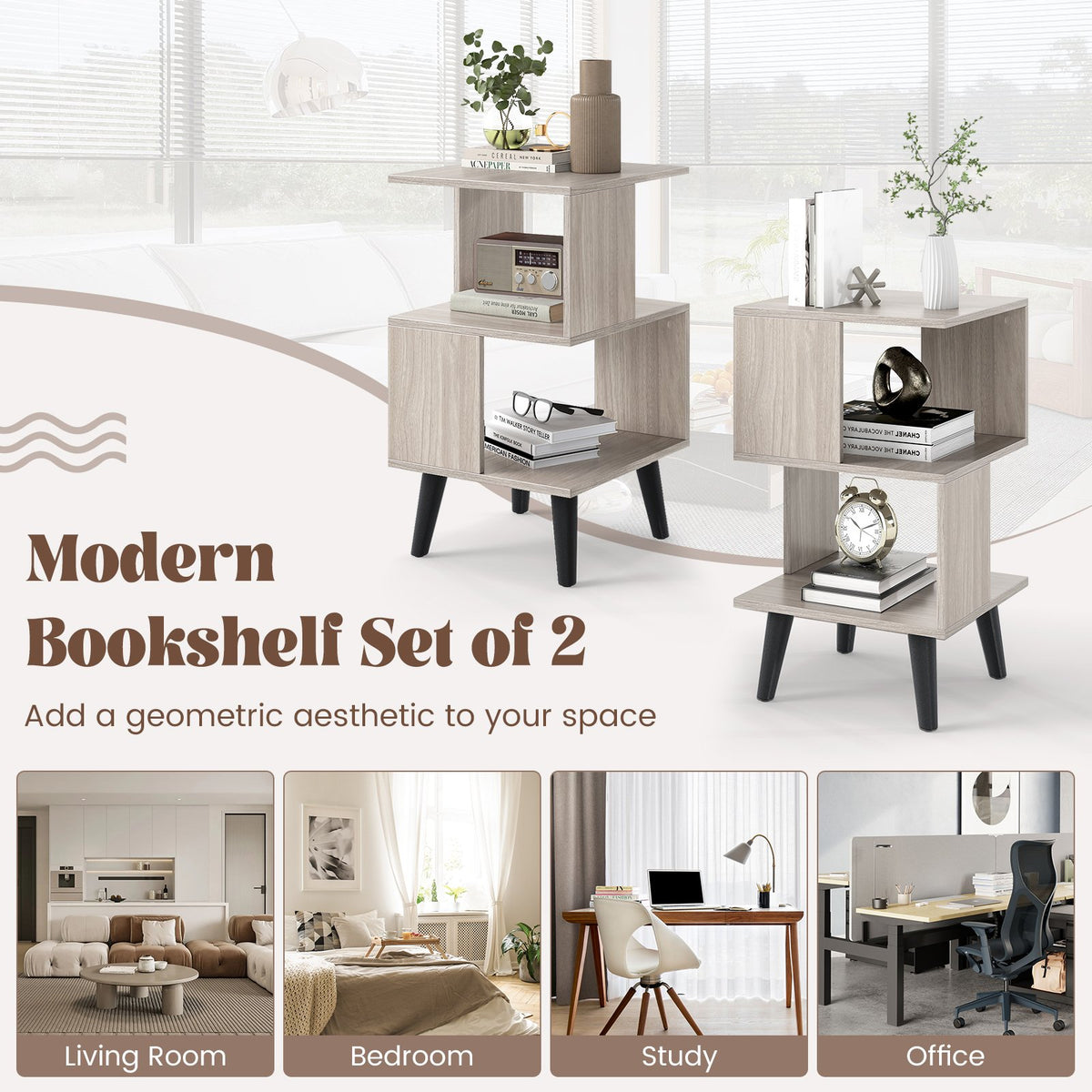 3-Tier Geometric Bookshelf Set of 2 with Open Storage Shelves view 8
