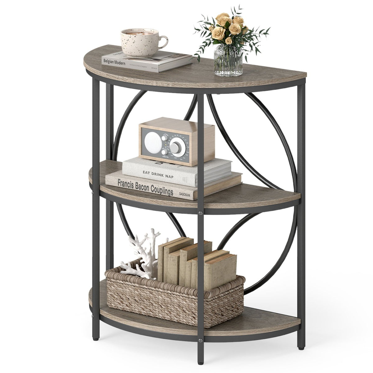 3-Tier Half Round End Table with Study Metal Frame for Living Room-Gray view 4