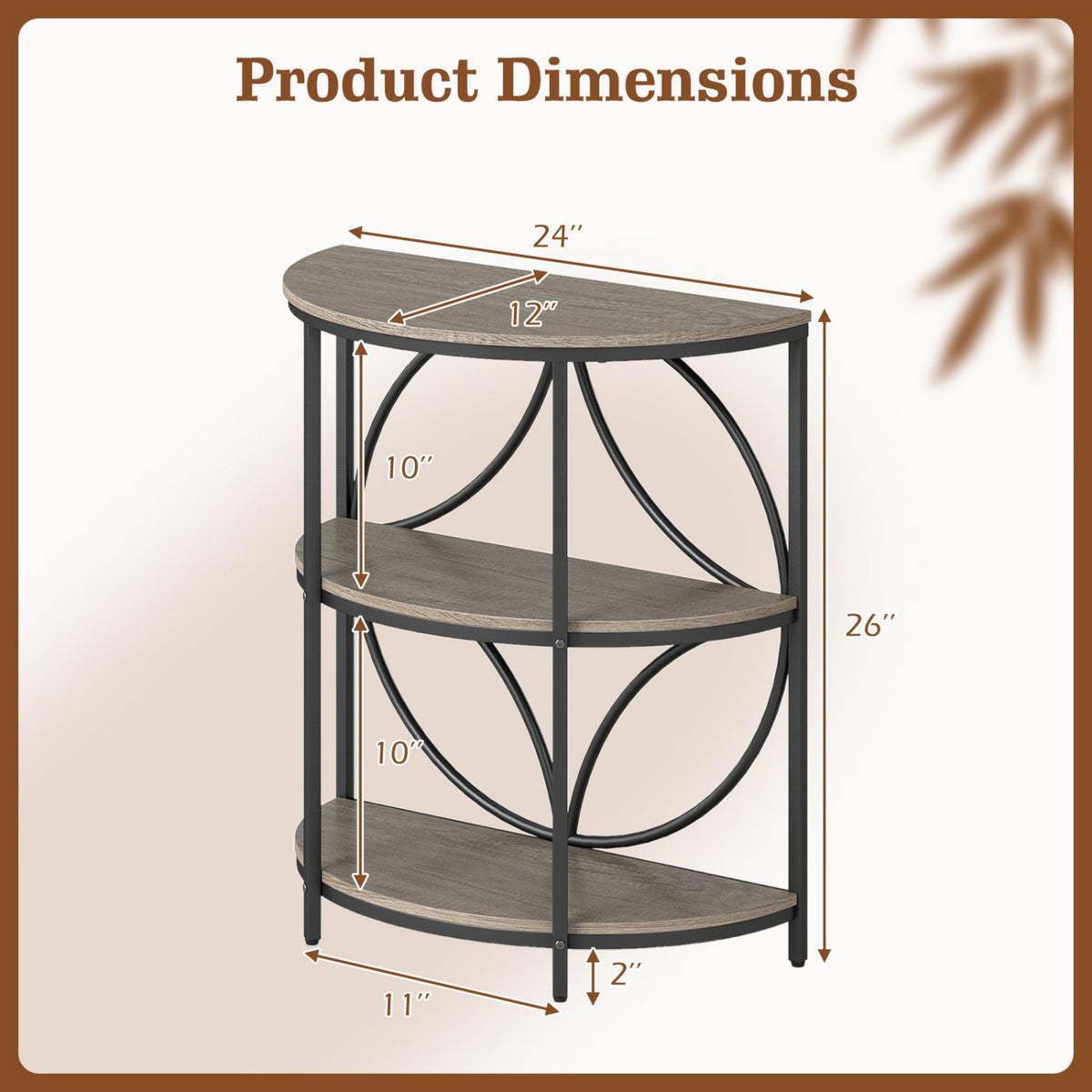 3-Tier Half Round End Table with Study Metal Frame for Living Room-Gray view 5