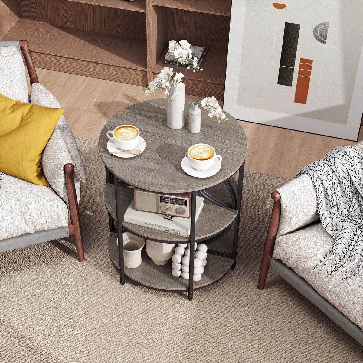 3-Tier Half Round End Table with Study Metal Frame for Living Room-Gray view 7