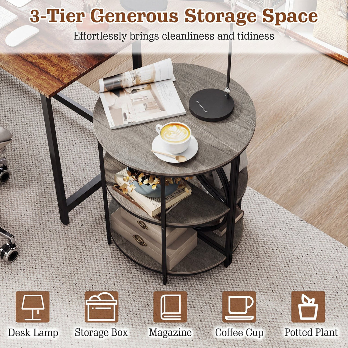 3-Tier Half Round End Table with Study Metal Frame for Living Room-Gray view 8