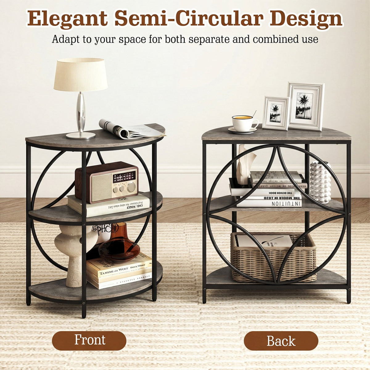 3-Tier Half Round End Table with Study Metal Frame for Living Room-Gray view 9
