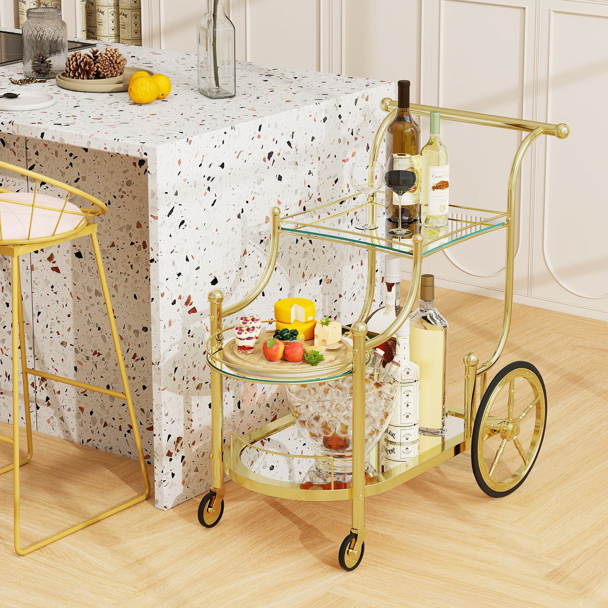 3-Tier Home Bar Serving Cart on Wheels with Mirrored Shelves-Golden view 2
