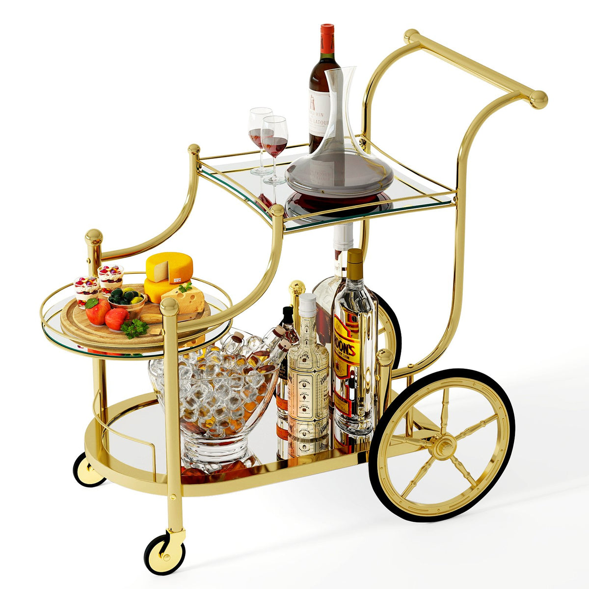 3-Tier Home Bar Serving Cart on Wheels with Mirrored Shelves-Golden view 4
