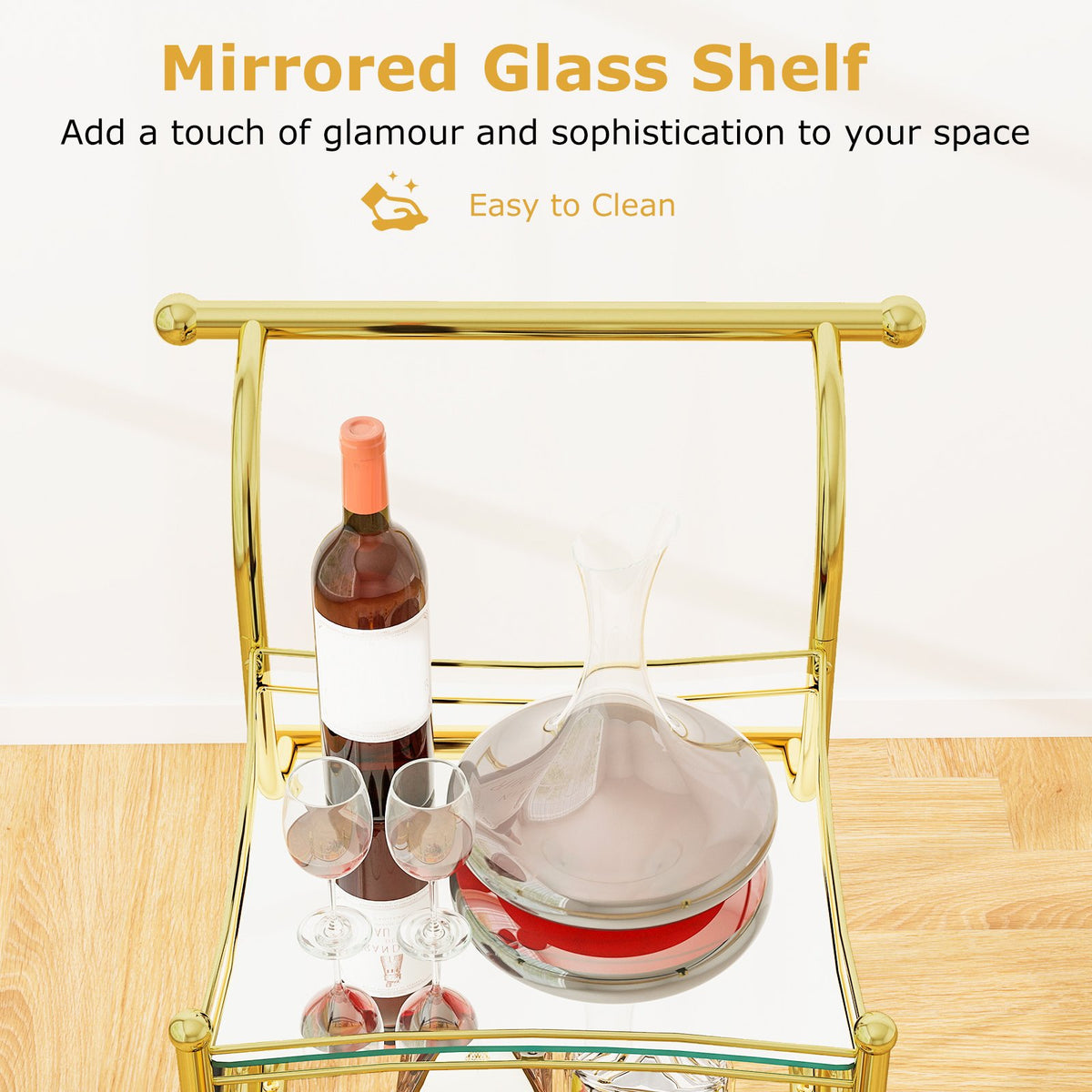 3-Tier Home Bar Serving Cart on Wheels with Mirrored Shelves-Golden view 7