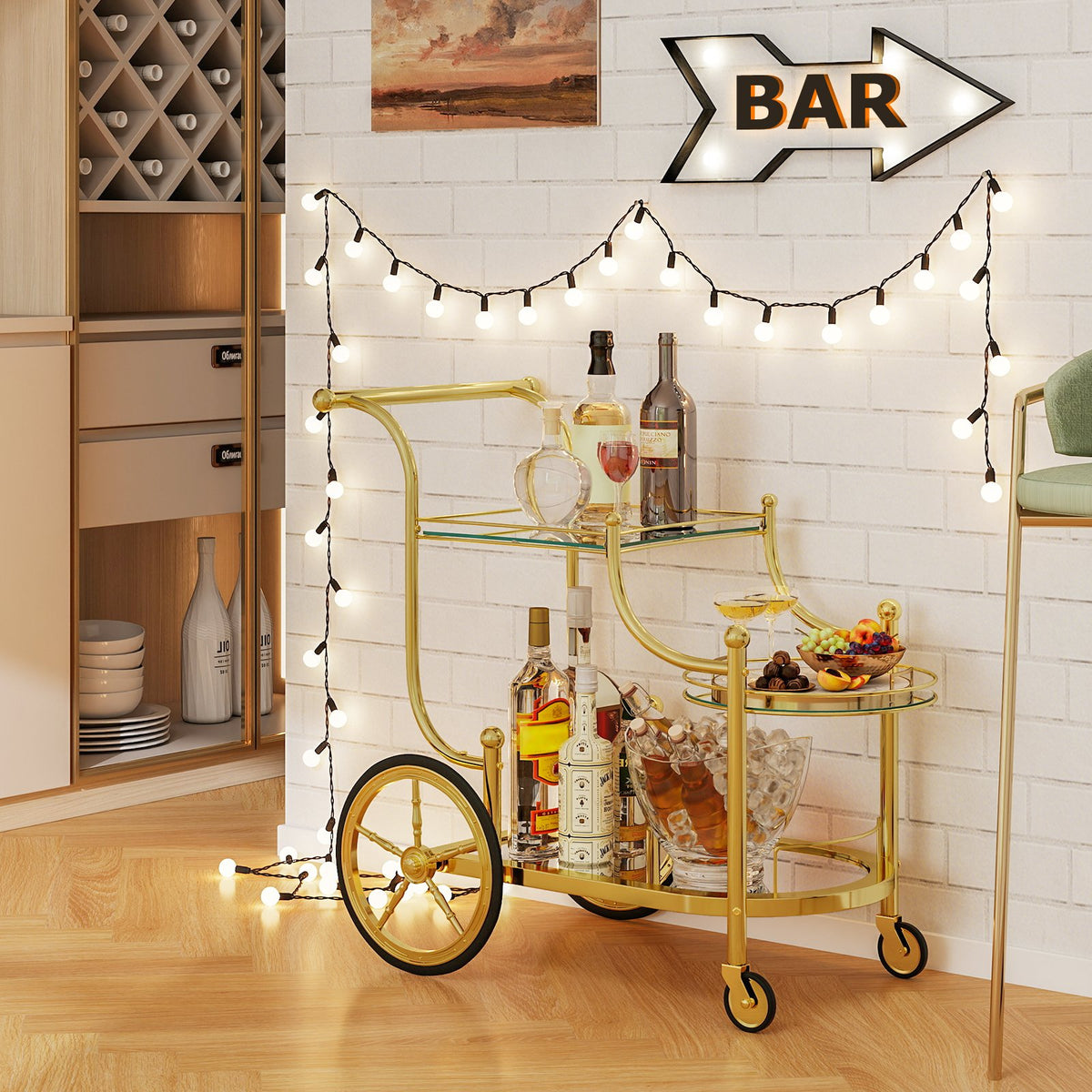 3-Tier Home Bar Serving Cart on Wheels with Mirrored Shelves-Golden view 8
