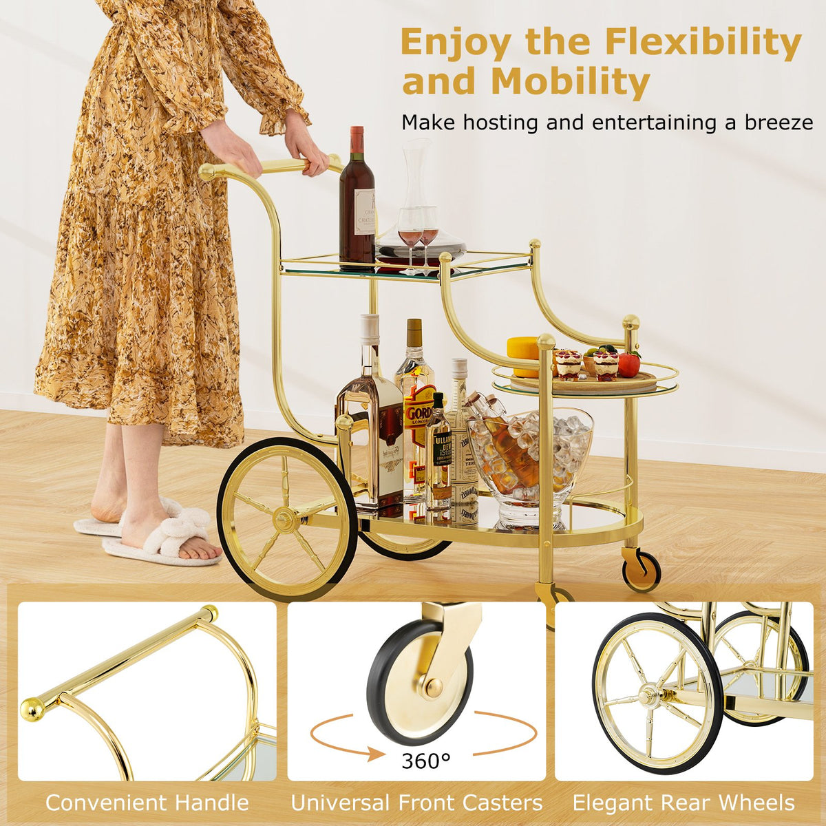 3-Tier Home Bar Serving Cart on Wheels with Mirrored Shelves-Golden view 9