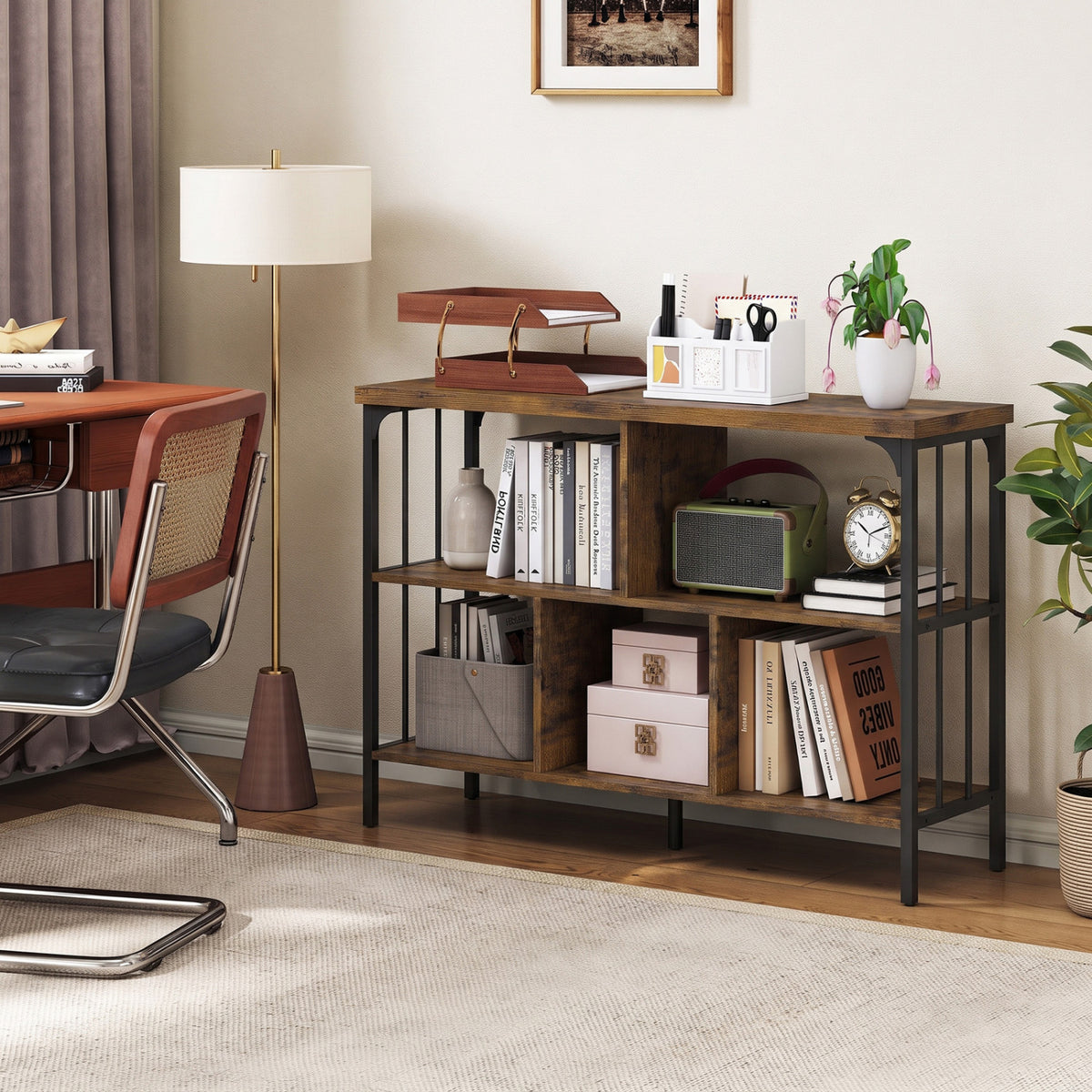 3-Tier Horizontal Cubby Bookshelf with Open Shelves-Rustic Brown view 3