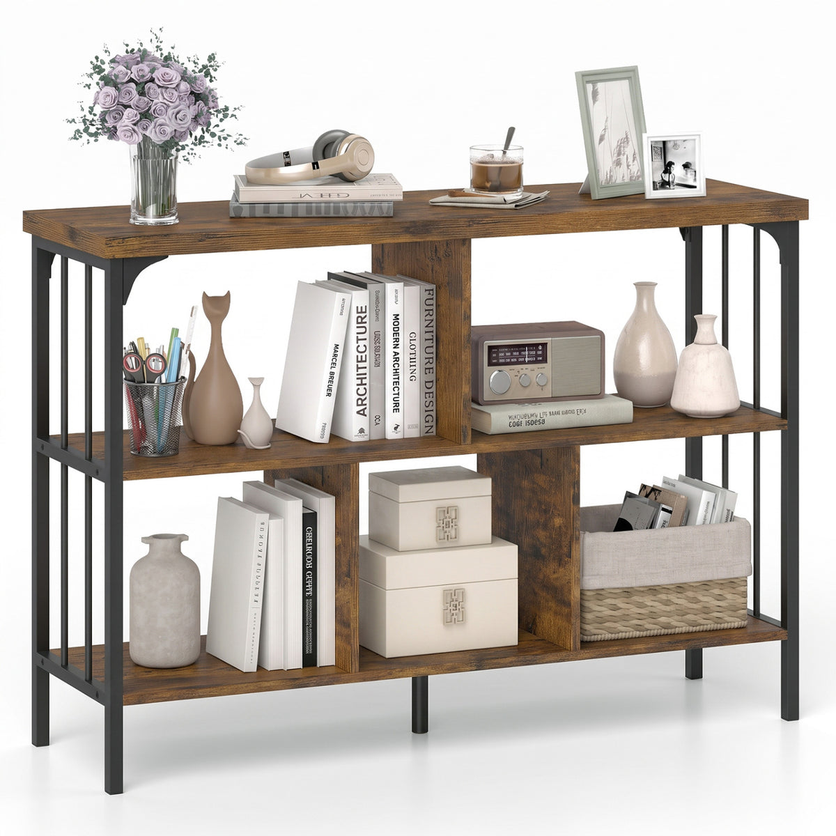 3-Tier Horizontal Cubby Bookshelf with Open Shelves-Rustic Brown view 4