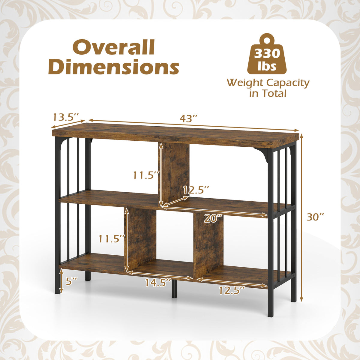 3-Tier Horizontal Cubby Bookshelf with Open Shelves-Rustic Brown view 5