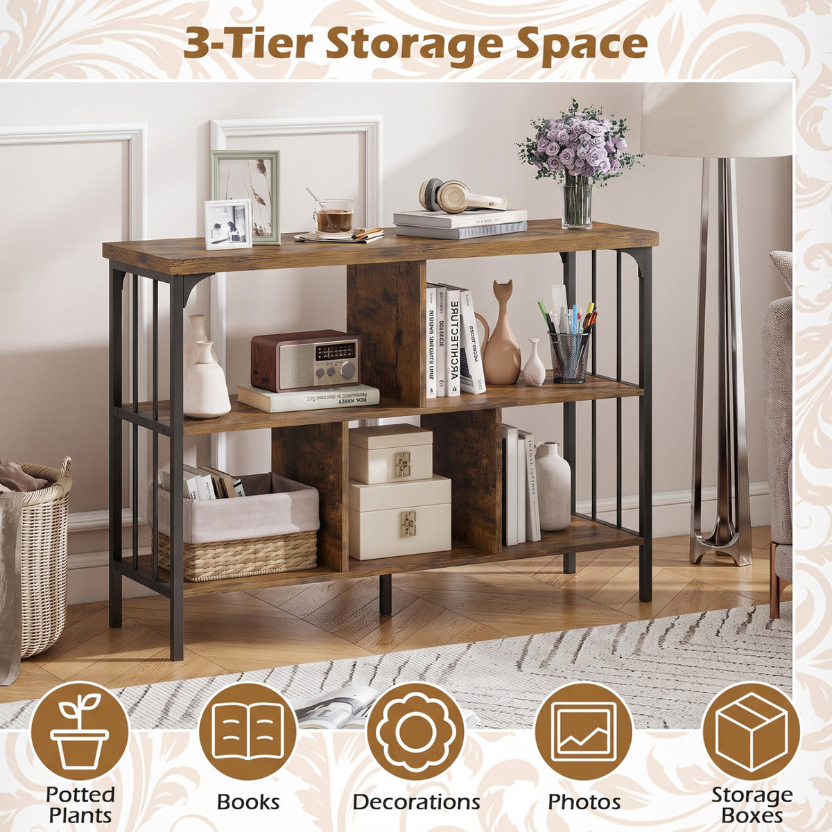 3-Tier Horizontal Cubby Bookshelf with Open Shelves-Rustic Brown view 8