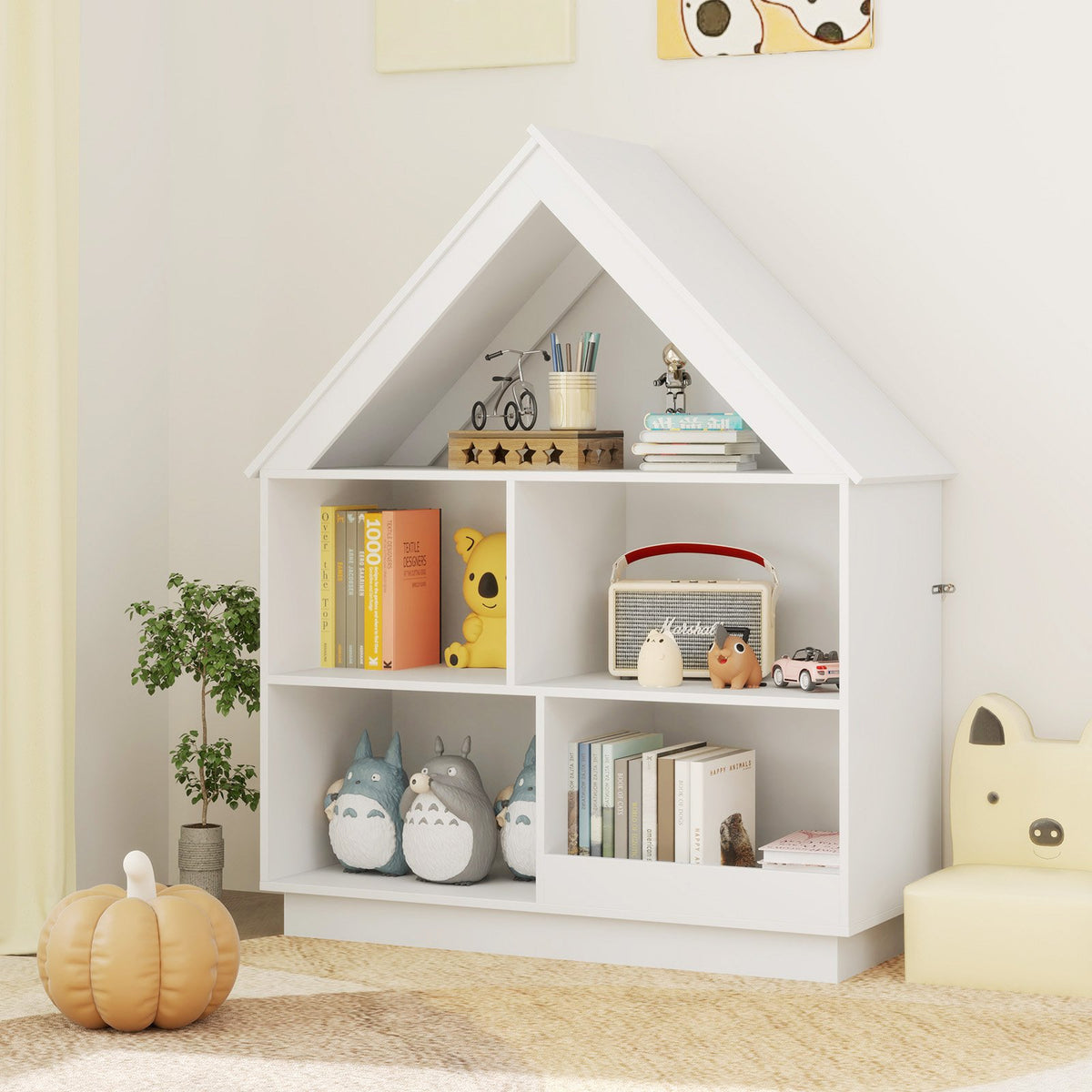3-Tier House-Shaped Toy Storage Organizer with Open Shelves-White view 3