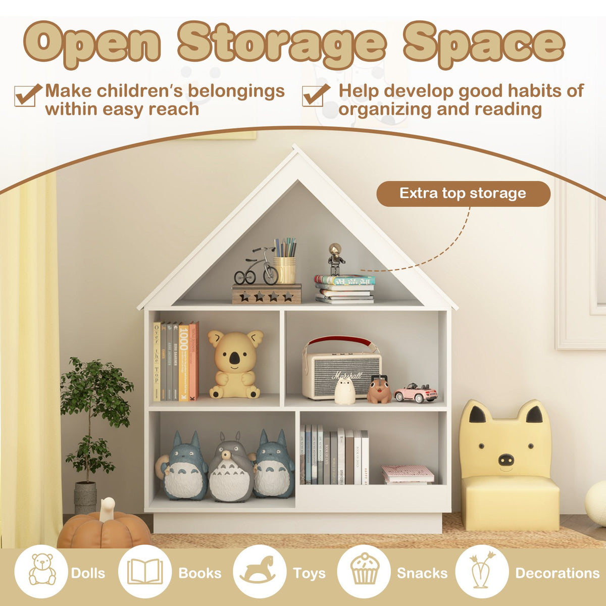 3-Tier House-Shaped Toy Storage Organizer with Open Shelves-White view 7