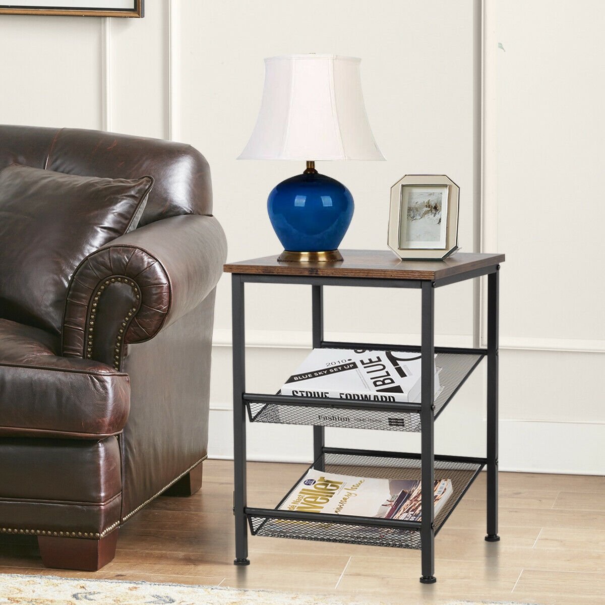 3-Tier Industrial End Table with Mesh Shelves and Adjustable Shelves view 2