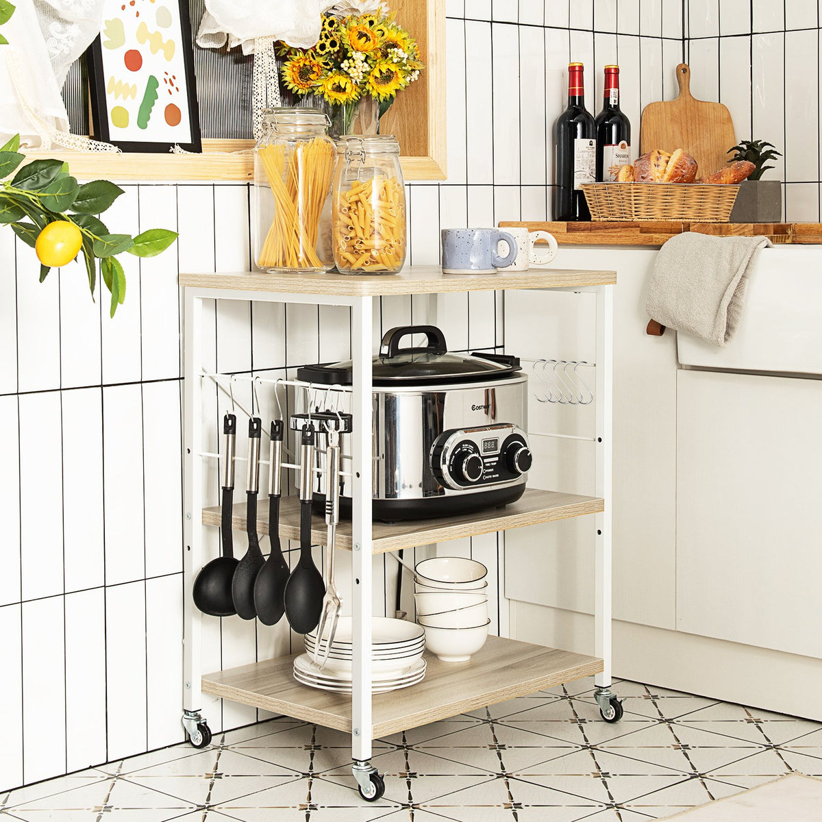 3-Tier Kitchen Baker's Rack Microwave Oven Storage Cart with Hooks-Light Brown view 2