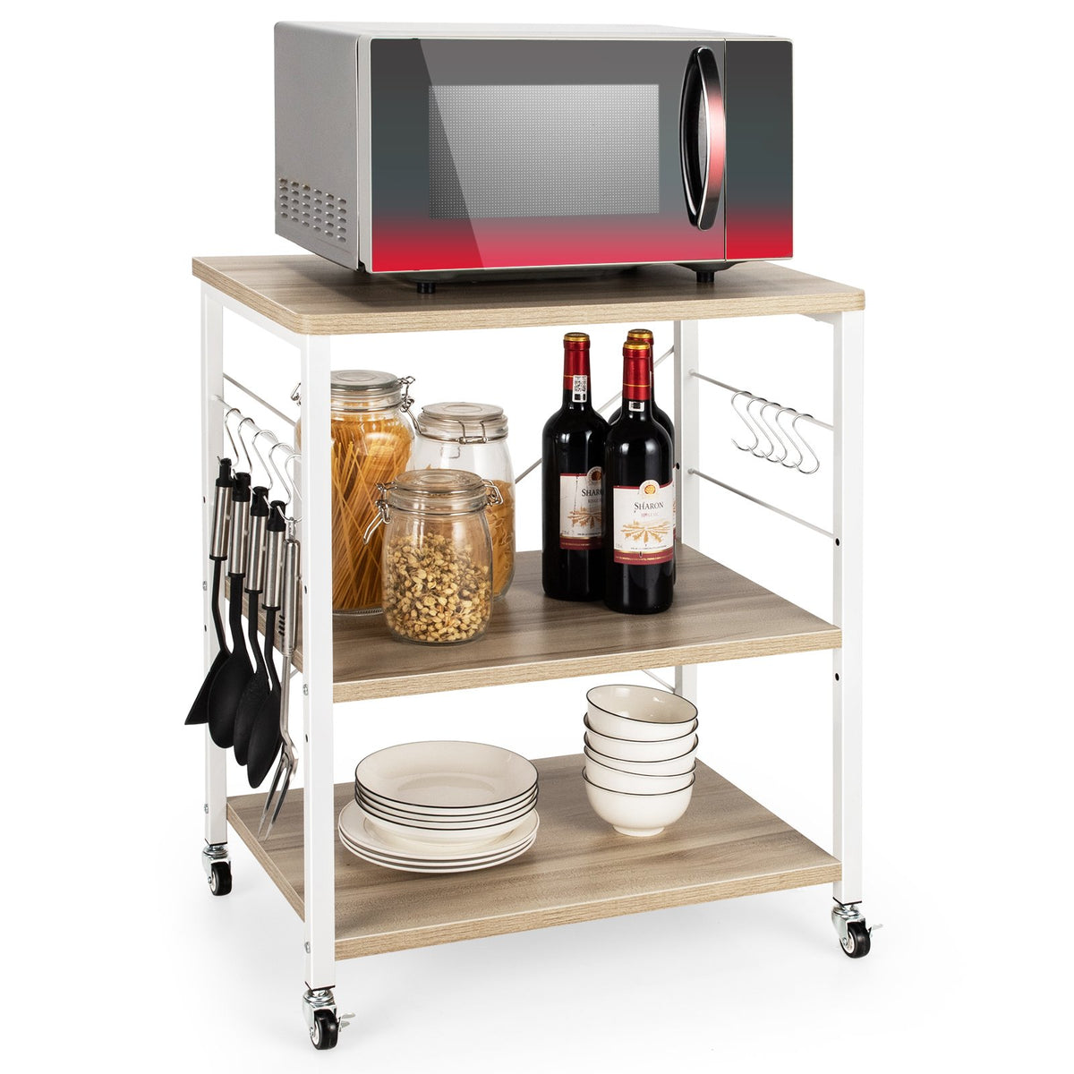 3-Tier Kitchen Baker's Rack Microwave Oven Storage Cart with Hooks-Light Brown view 4