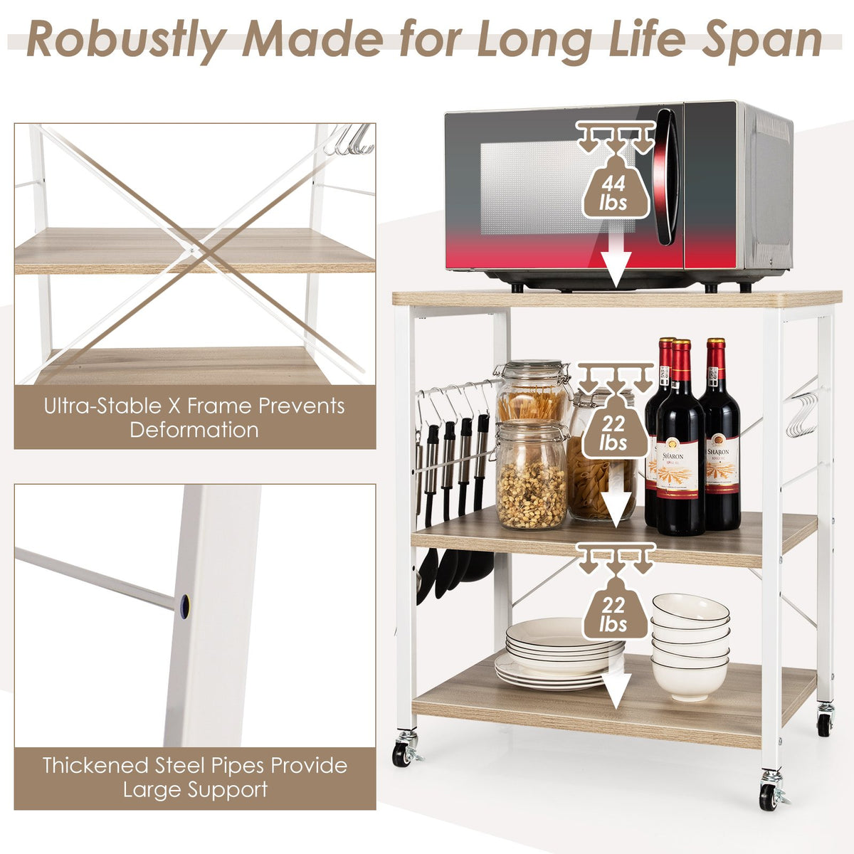 3-Tier Kitchen Baker's Rack Microwave Oven Storage Cart with Hooks-Light Brown view 6