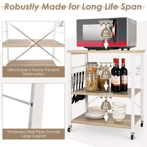 3-Tier Kitchen Baker's Rack Microwave Oven Storage Cart with Hooks-Light Brown view 6