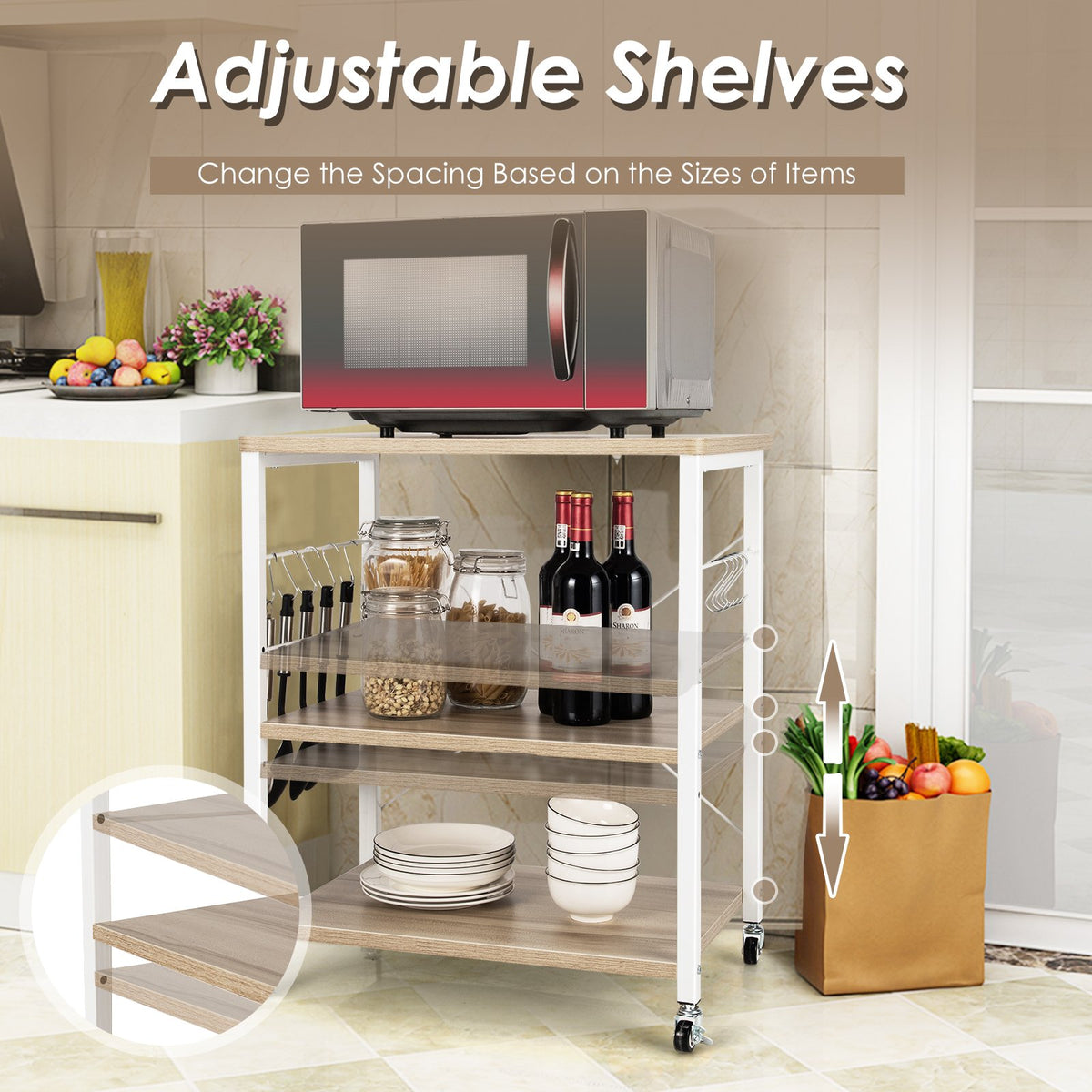 3-Tier Kitchen Baker's Rack Microwave Oven Storage Cart with Hooks-Light Brown view 7