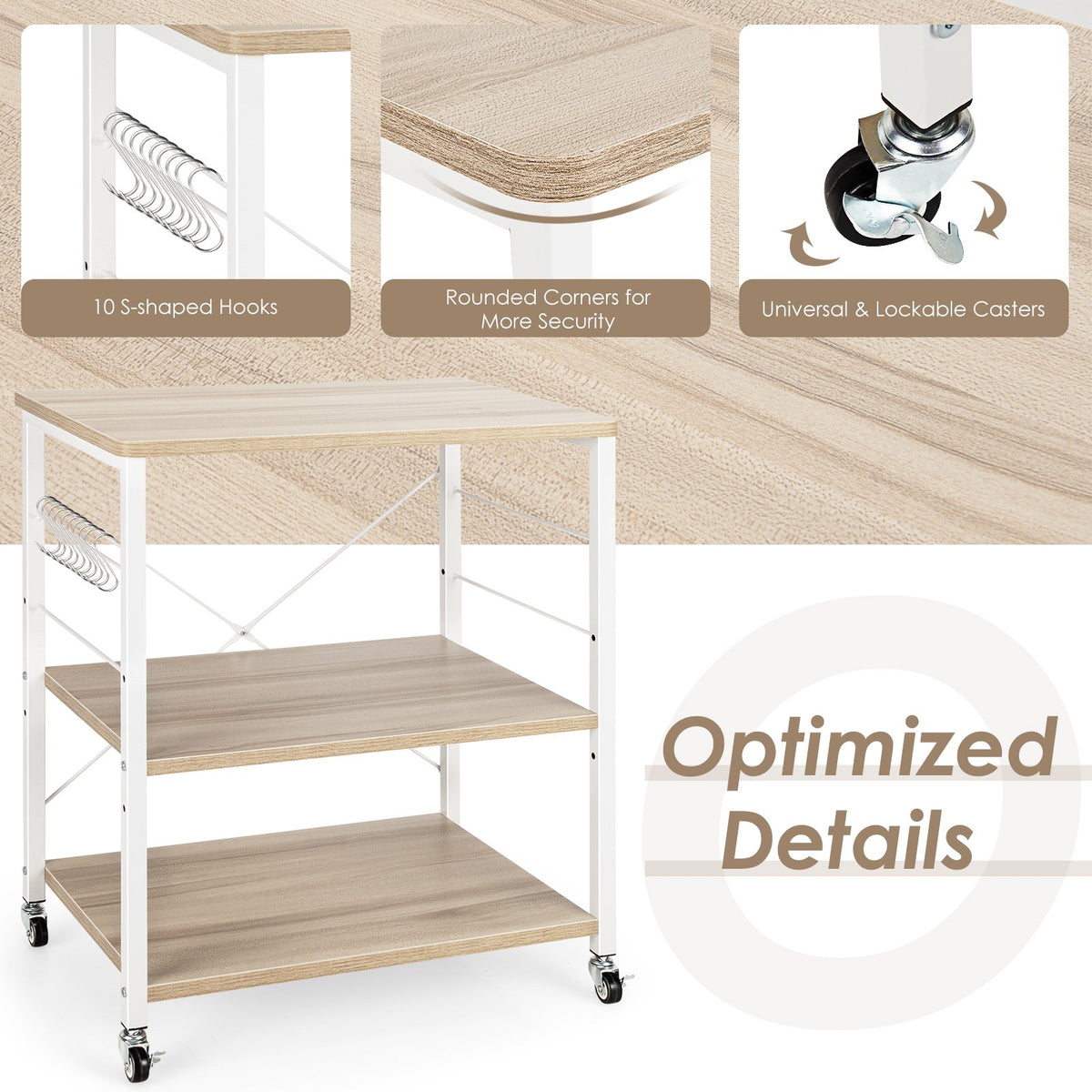 3-Tier Kitchen Baker's Rack Microwave Oven Storage Cart with Hooks-Light Brown view 9