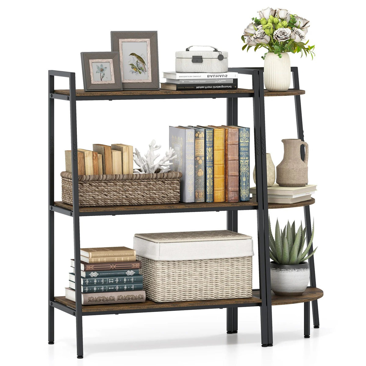 3-Tier Ladder Shelf and Corner Shelf Set with Metal Frame-Rusticbrown