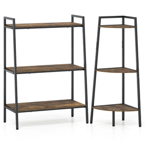 3-Tier Ladder Shelf and Corner Shelf Set with Metal Frame-Rusticbrown view 4