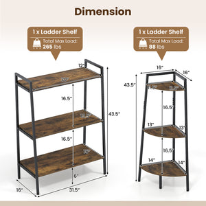 3-Tier Ladder Shelf and Corner Shelf Set with Metal Frame-Rusticbrown view 5