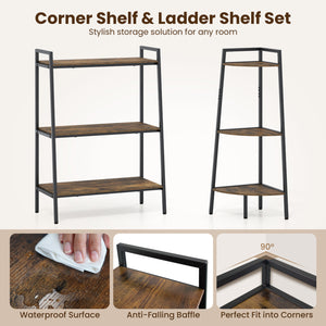 3-Tier Ladder Shelf and Corner Shelf Set with Metal Frame-Rusticbrown view 7