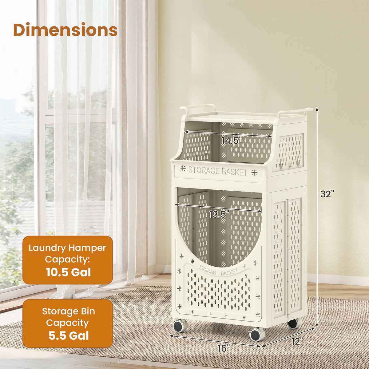 3-Tier Laundry Cart Folding Hamper with Lockable Wheels view 5