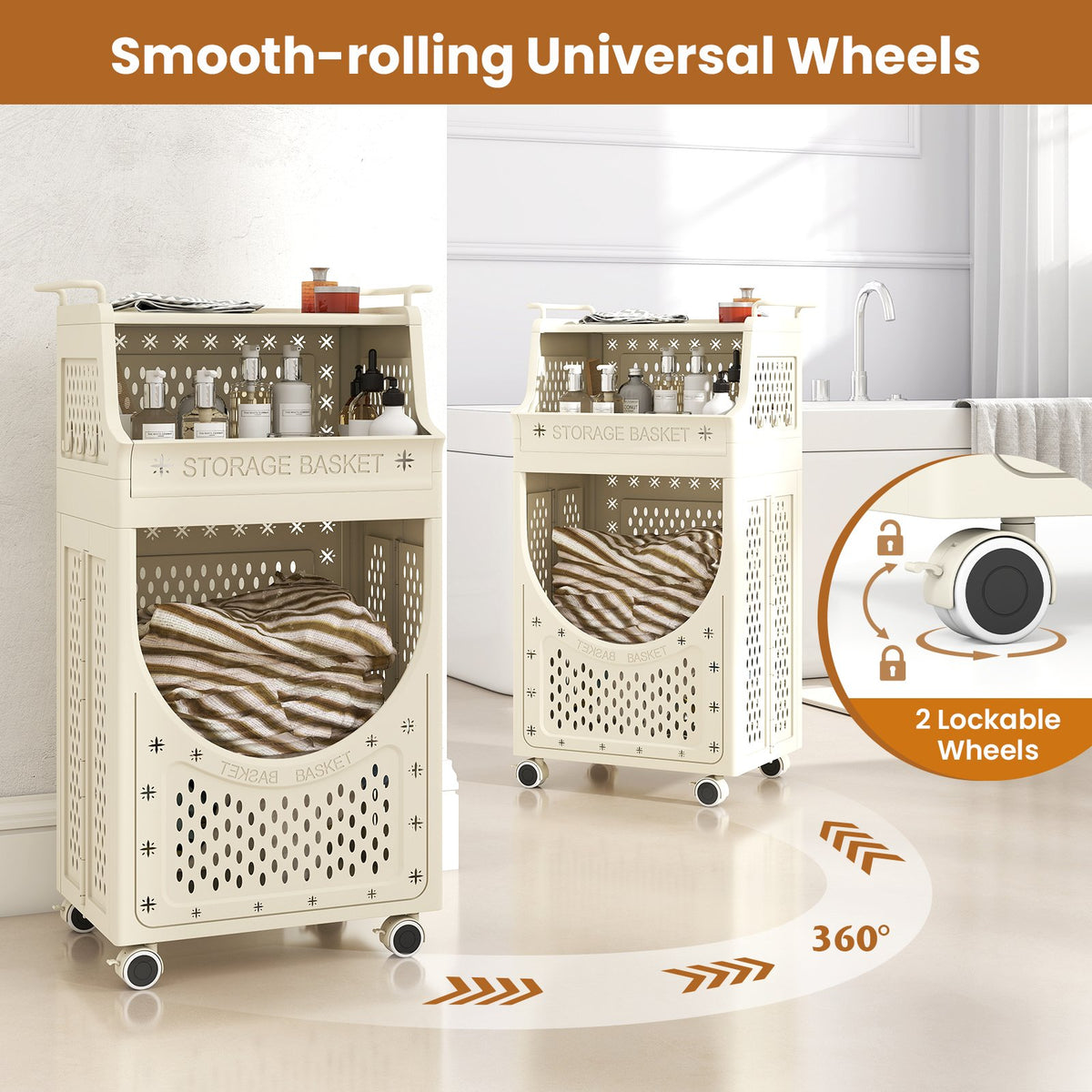 3-Tier Laundry Cart Folding Hamper with Lockable Wheels view 7