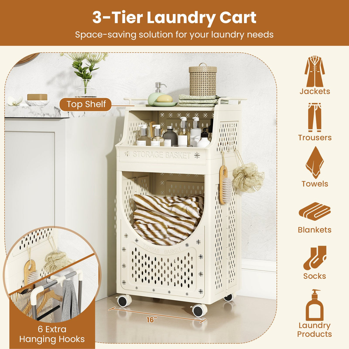 3-Tier Laundry Cart Folding Hamper with Lockable Wheels view 8