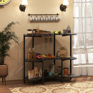 3-Tier Liquor Bar Table with Stemware Racks and Storage Shelves-Black view 2