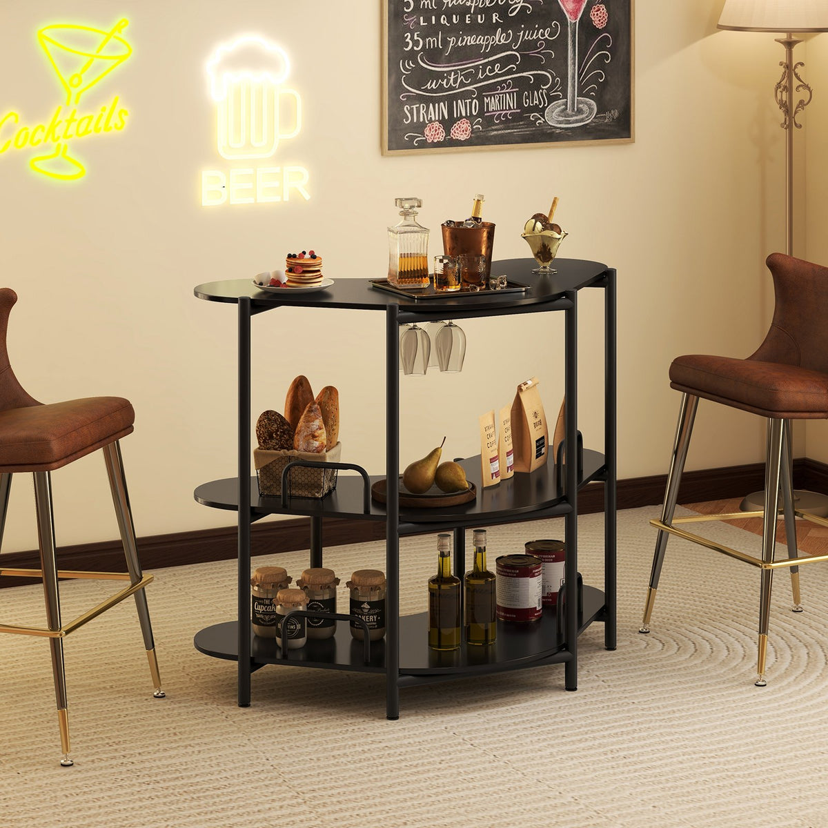 3-Tier Liquor Bar Table with Stemware Racks and Storage Shelves-Black view 3