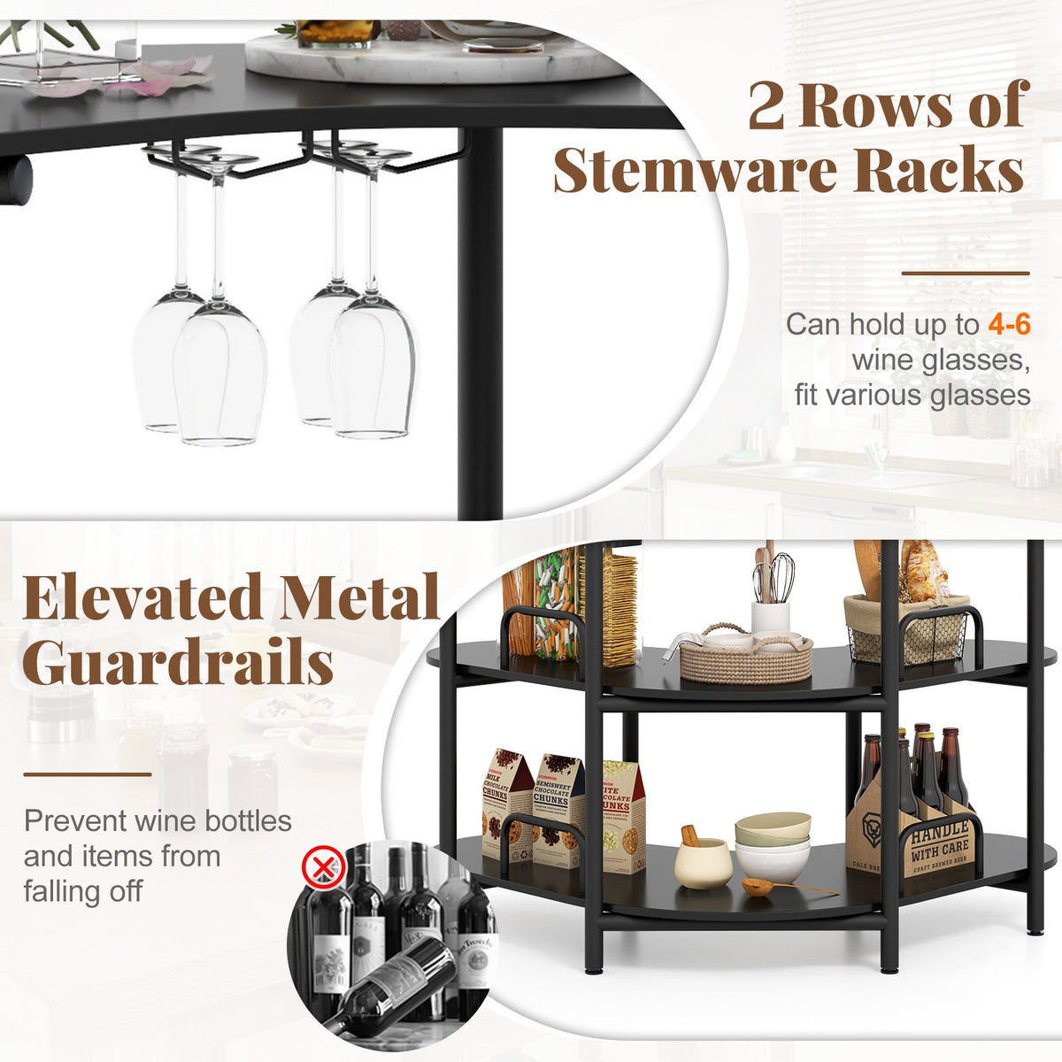 3-Tier Liquor Bar Table with Stemware Racks and Storage Shelves-Black view 9