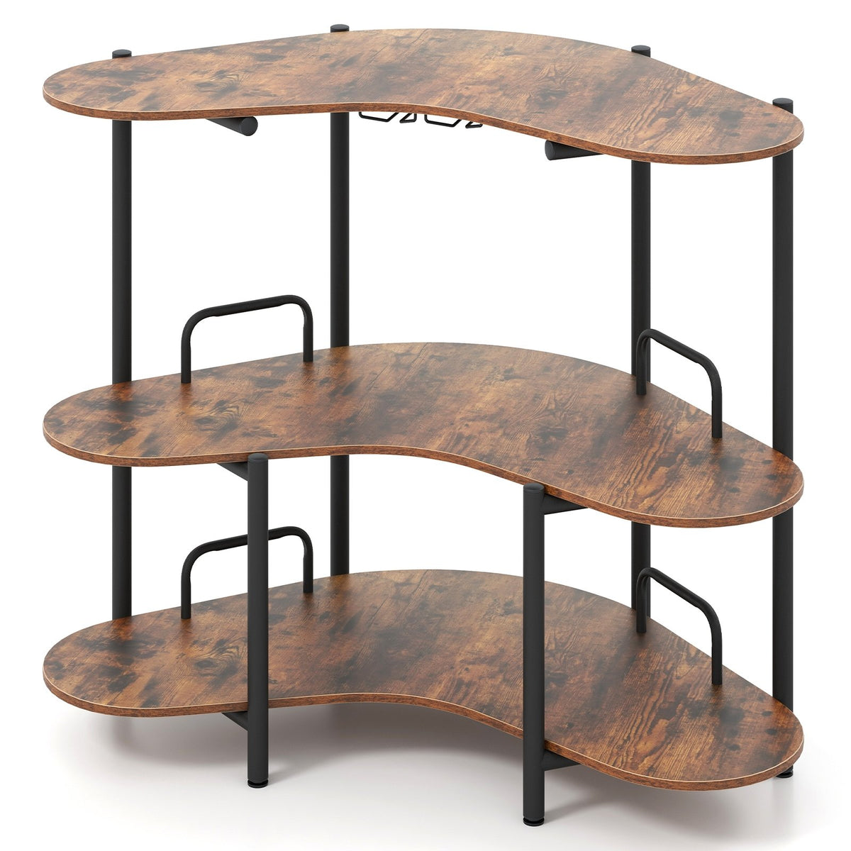 3-Tier Liquor Bar Table with Stemware Racks and Storage Shelves-Rustic Brown