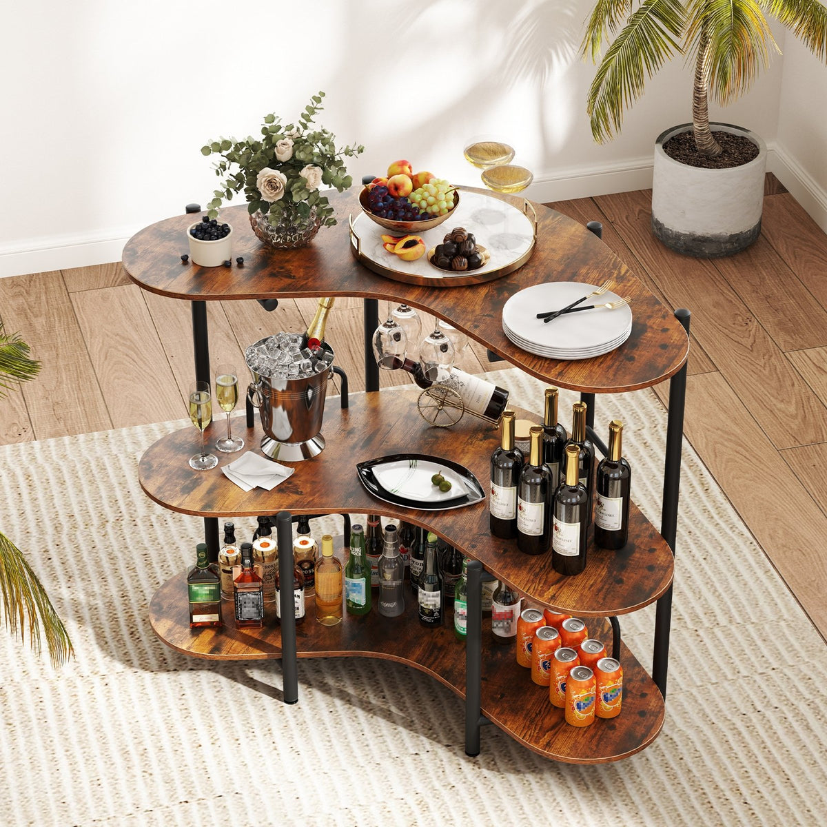 3-Tier Liquor Bar Table with Stemware Racks and Storage Shelves-Rustic Brown view 2