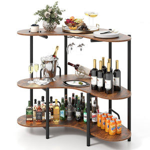 3-Tier Liquor Bar Table with Stemware Racks and Storage Shelves-Rustic Brown view 4